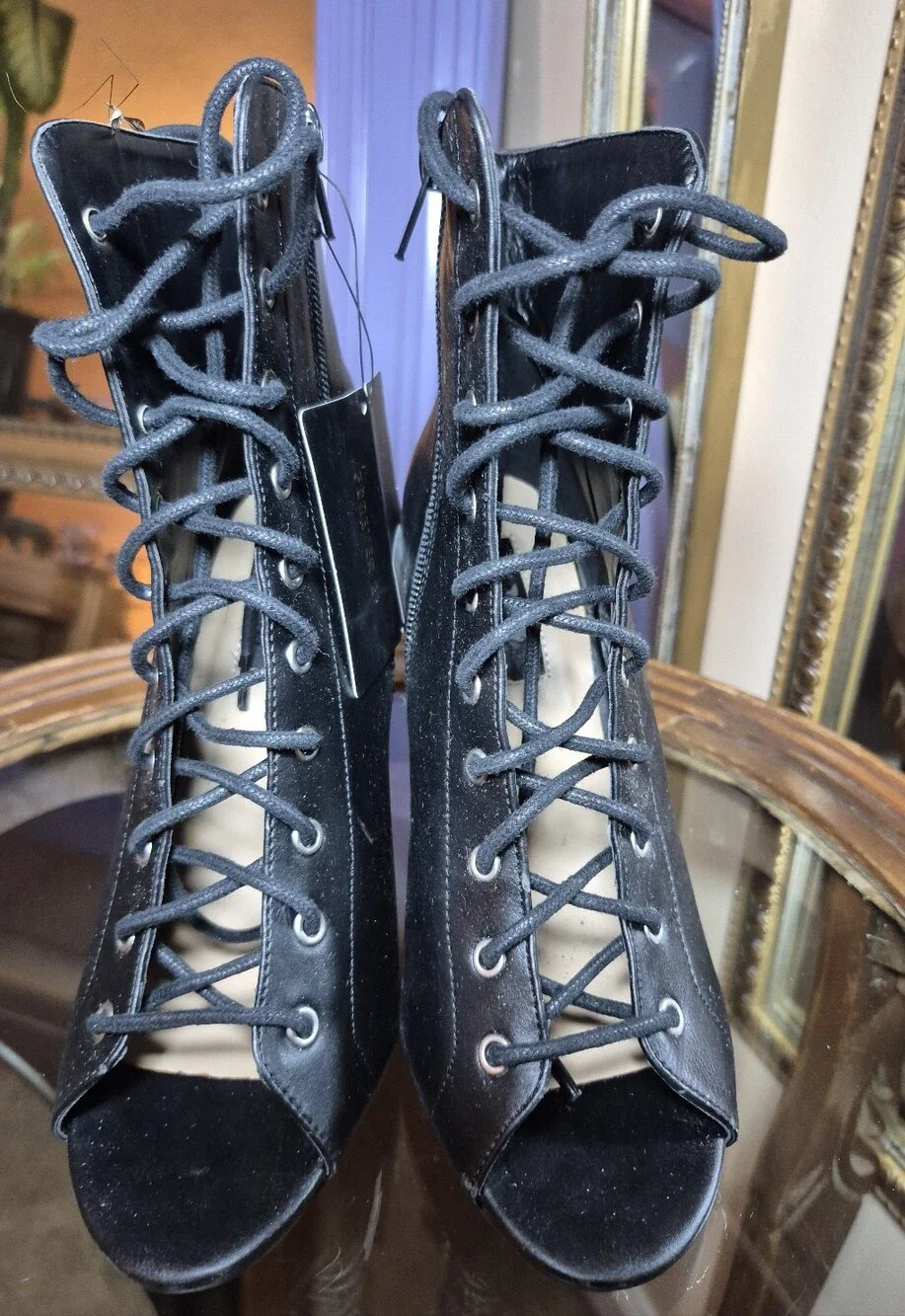 Forever 21 Faux Leather Black Lace‎ Up Wedge Boots - Size 5.5